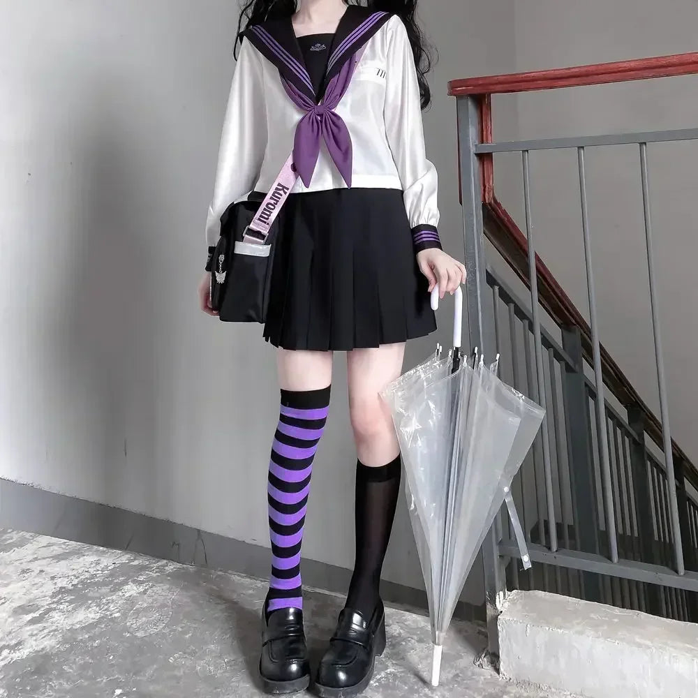 High School Girl Uniform Japanese Seifuku Sailor Suit Purple Tie Korean Student Kawaii JK Uniform Cosplay Black Leated Skirt