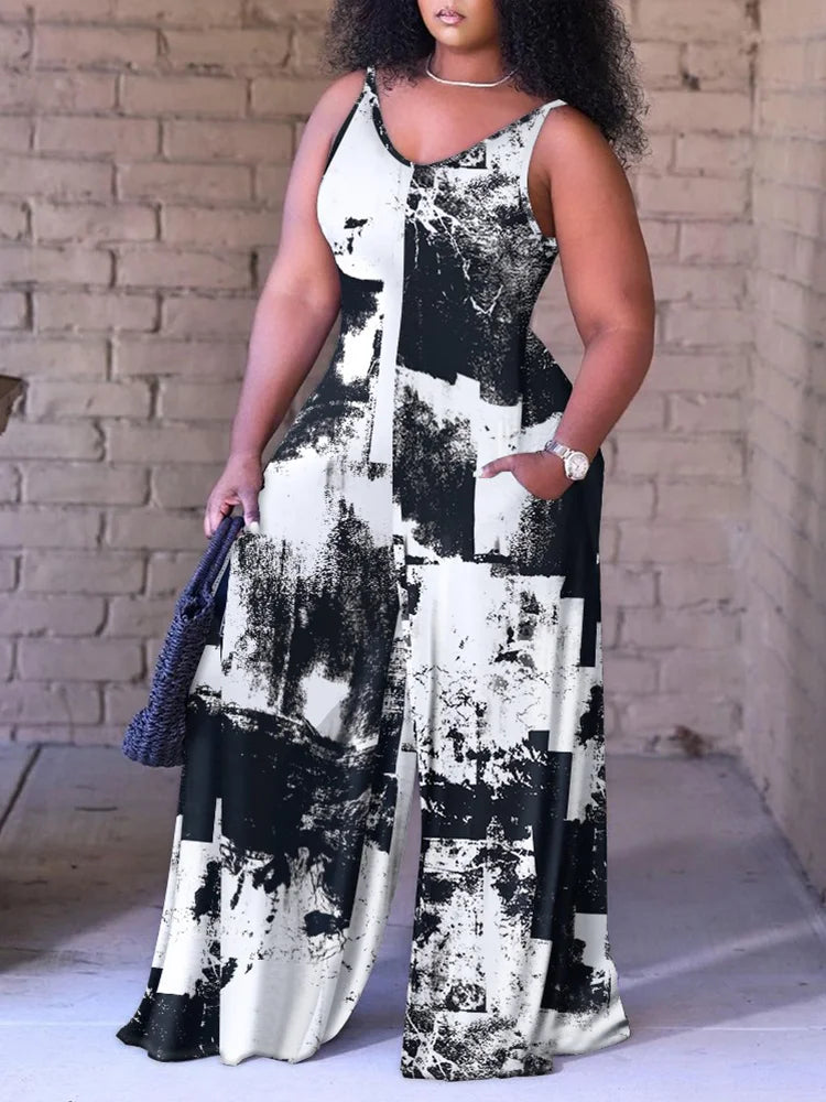 Plus Size Baroque Scarf Print Wide Leg Jumpsuit