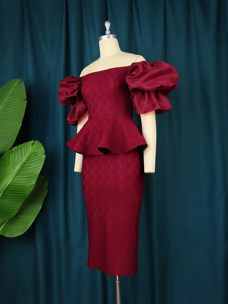 Burgundy Lace Dresses Plus Size Short Sleeve Off Shoulder Elegant Ladies Empire Peplum Midi Outfits for Women Evening Party 4XL