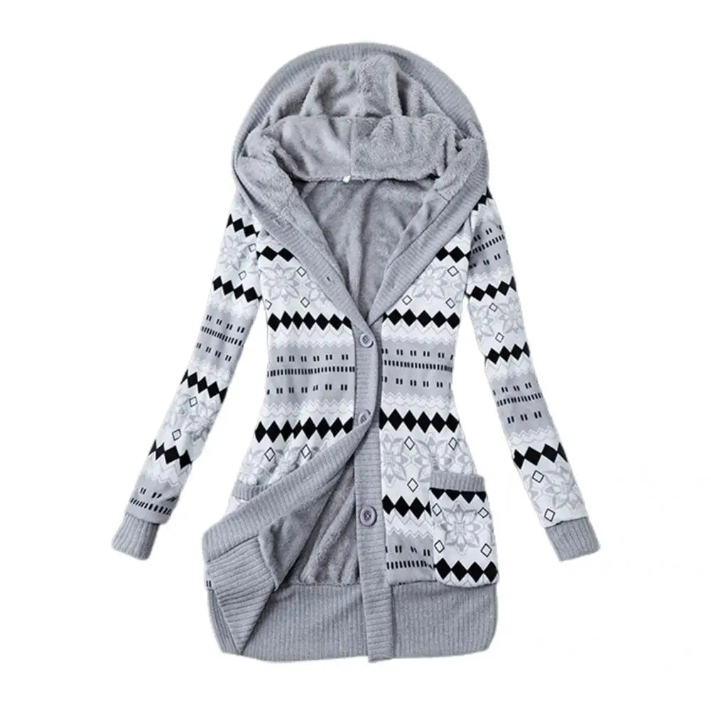 Knitted Coat Simple Simple Sweater Coat Buttons Closure Hooded Plush Lining Sweater Cardigan Outerwear