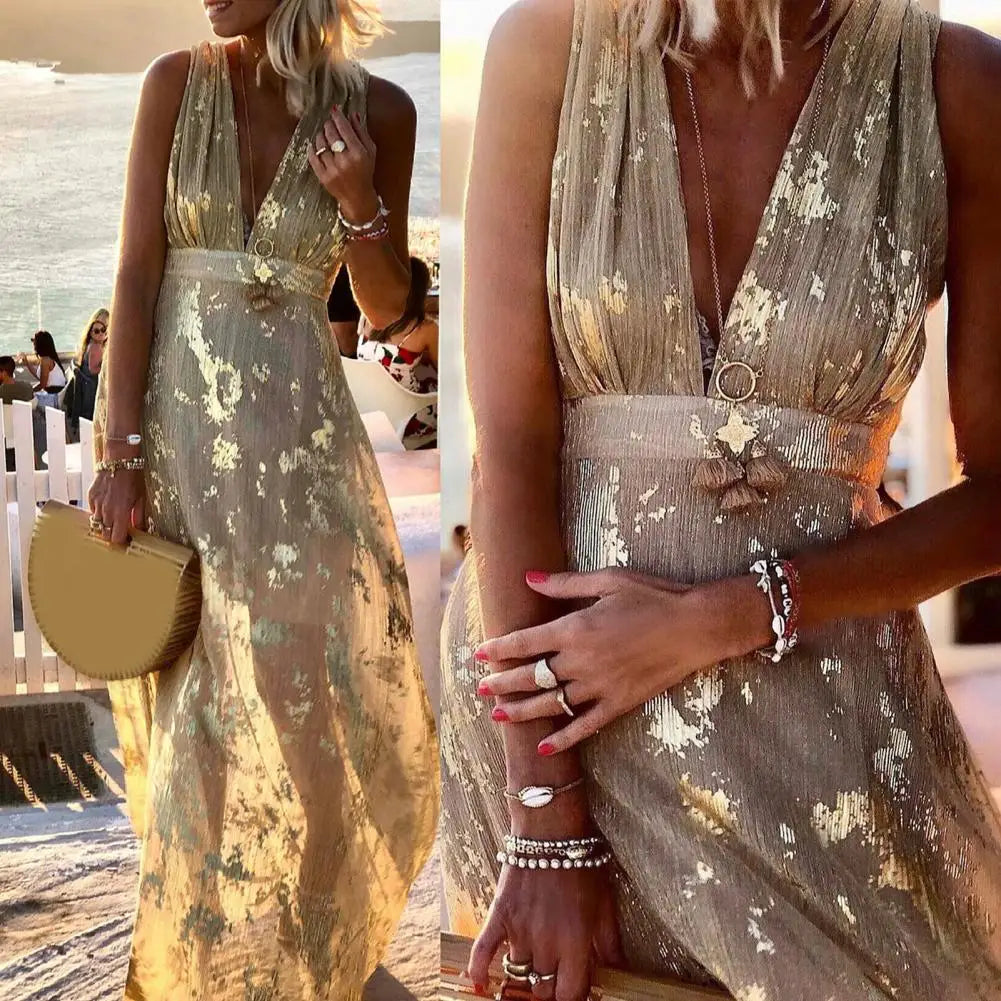 Party Dress Flowy Hem Soft Ankle-Length Elegant Bronzing Applique Casual Vest Gown Dress Beach Dress Female Clothing