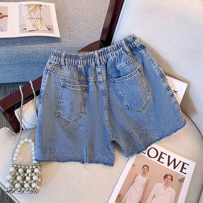 New Ladies Summer Plus Size hot pants For Women Large Size Loose Blue Cotton Hole Pocket Denim Shorts 3XL 4XL 5XL 6XL 7XL