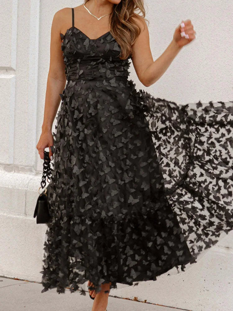 Women Summer Solid Elegant Party Dress Butterfly Patchwork Loungewear Sleeveless Sling Ladies Maxi Dress Streetwear Dropshipping