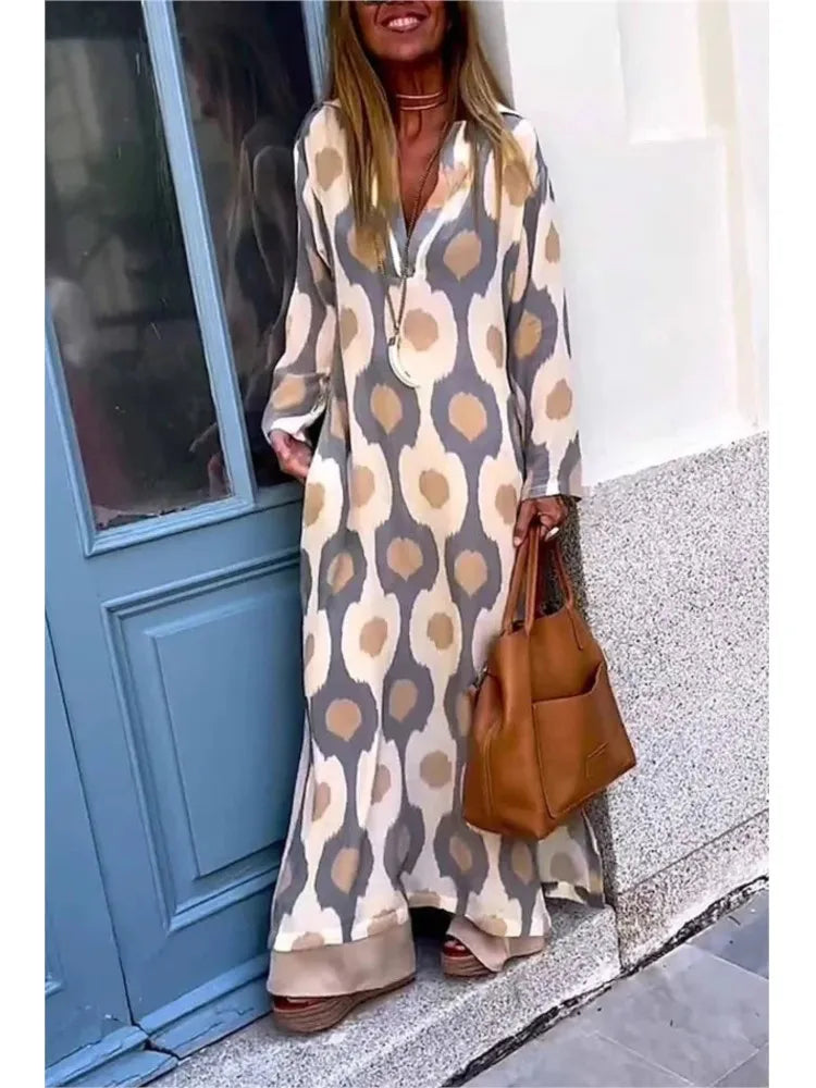 Women Geometric Printing Split Maxi Dress 2024 Autumn Causal V Neck Long Sleeve Dresses Female Holiday Beach Boho Dress Vestidos