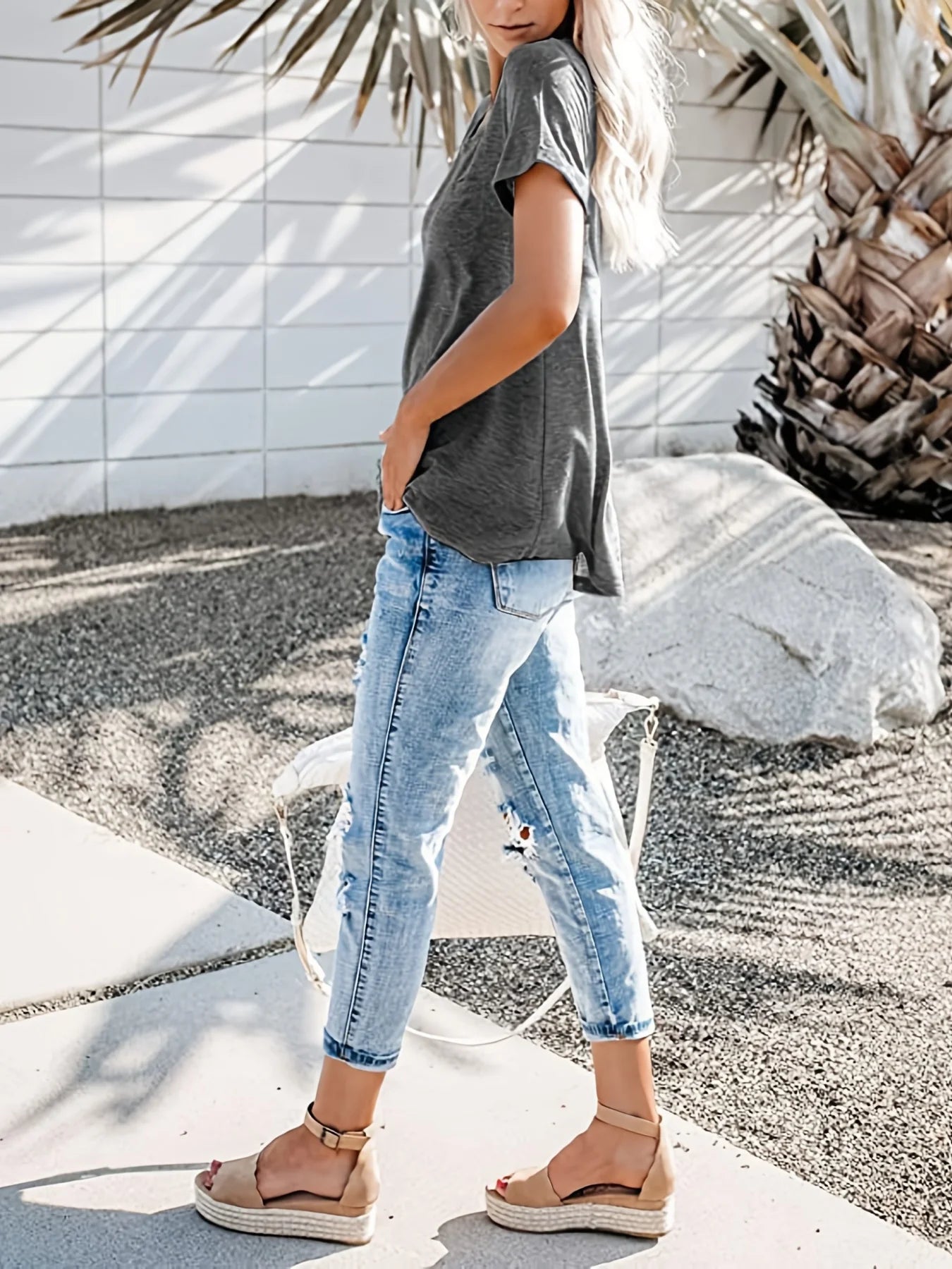 Spring and Summer New Style Top V-neck Short Sleeve Pocket Loose T-shirt Women Plus Size Women Clothing Ladies Tops