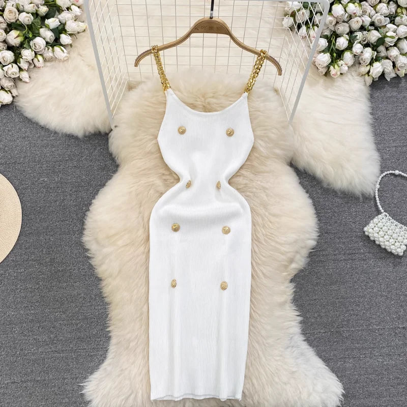 Sexy Sleeveless Elastic Knit Bodycon Dress Sexy Chic Vestidos Women Summer Slim Women Chain Slip Dress