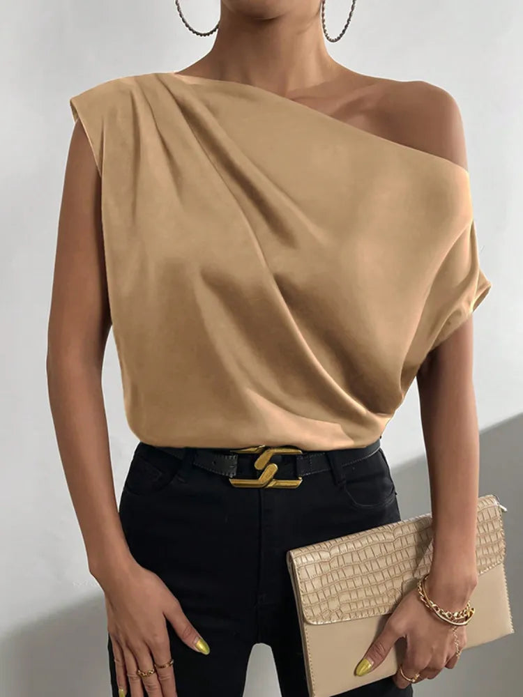 Freeacy Diagonal Collar One-Shoulder Asymmetric Loose Solid Color Blouses For Women Summer New Stylish Elegant Shirt Tops