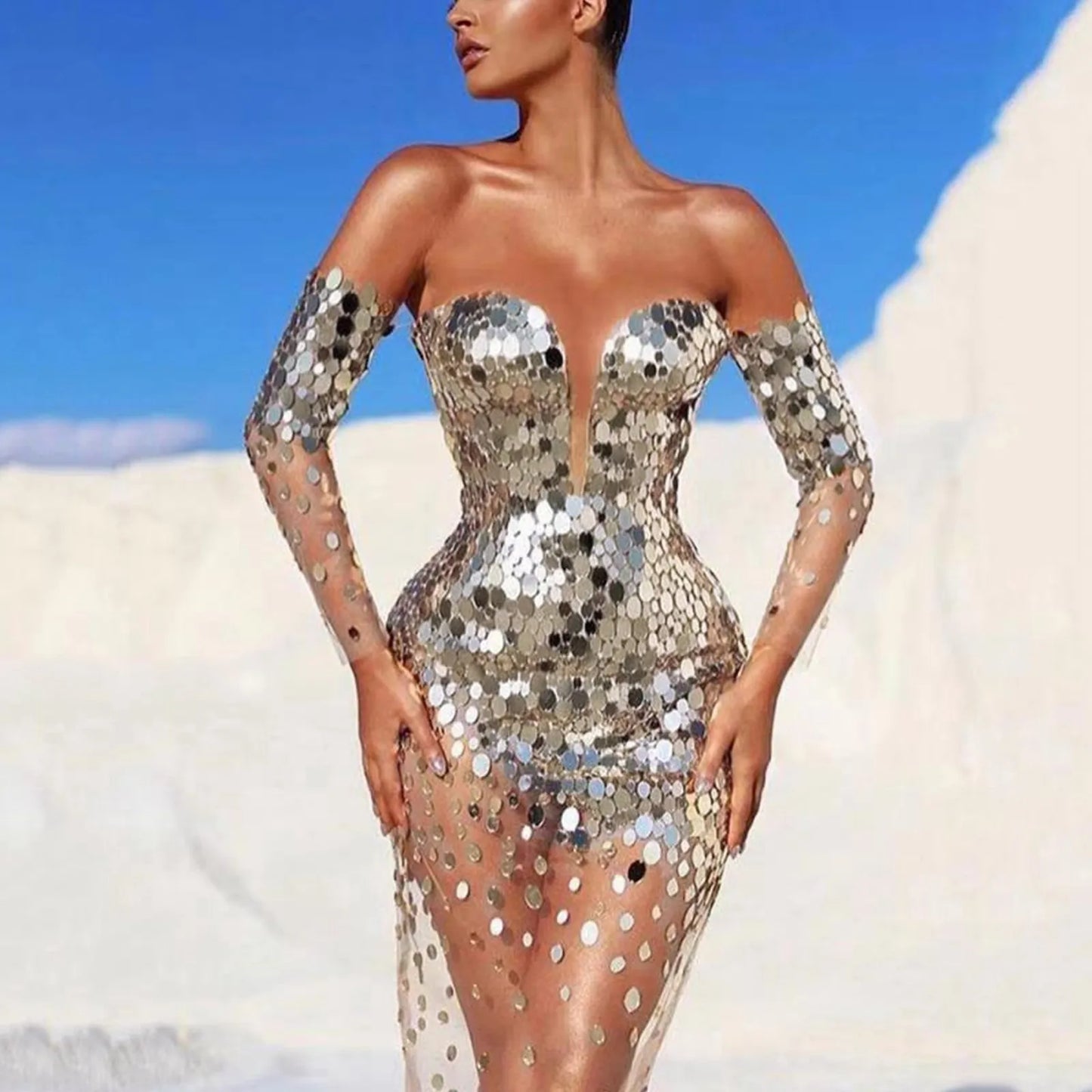 Elegant Party Dresses For Women 2024 Sexy Sequin Sexy Mesh See Through Deep V Neck Dress Party Prom Evening Dress платье женское