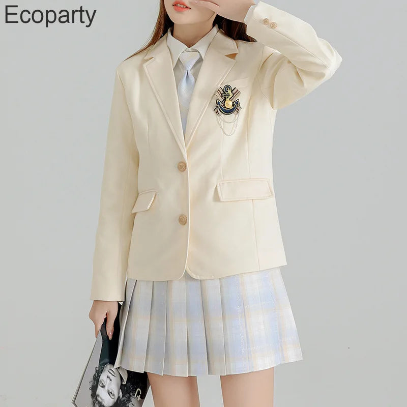 Women's Korean Fashion Jk School Uniform Coat Spring Autumn Black Lapel Long Sleeve Jackets With Badges College Style Costume