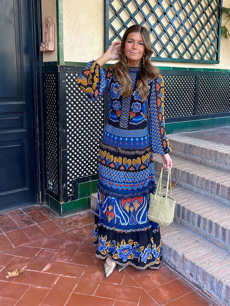 Vintage Print Round Neck Maxi Dress For Women Fashion Lantern Sleeves Loose Long Dresses 2024 Ladies Casual Vocation Streetwear