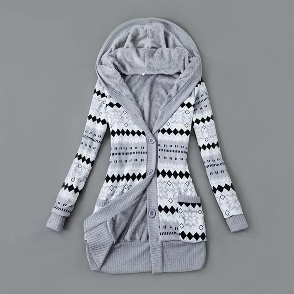Knitted Coat Simple Simple Sweater Coat Buttons Closure Hooded Plush Lining Sweater Cardigan Outerwear
