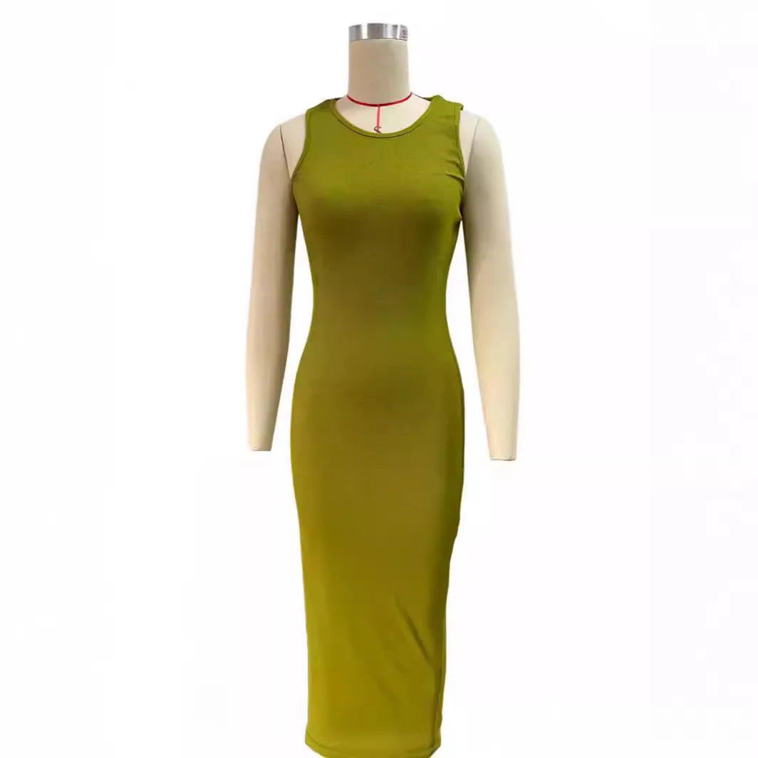 Sexy Sleeveles Knitted Long Dress For Women Fashion O-neck Pure Color Bodycon Dress Summer Split Package Hips Party Dress Black