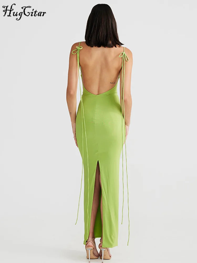 Hugcitar Pure Color Sleeveless Adjustable Slips Slit Lace Up Sexy Slim Maxi Prom Dress 2024 Spring Elegant Outfit Vacation Party