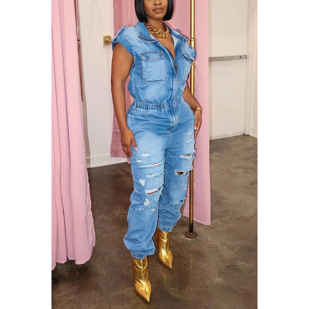 Plus Size Light Blue Daily Denim Ripped Pocket Jumpsuits