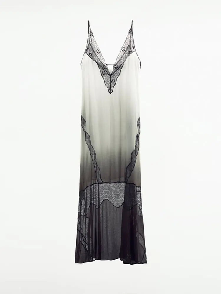 2024 New Sexy Women Lace Mesh Sheer Long Dress Female See Through Summer Dress Sleeveless Strap Back Split Black Beach Vestidos