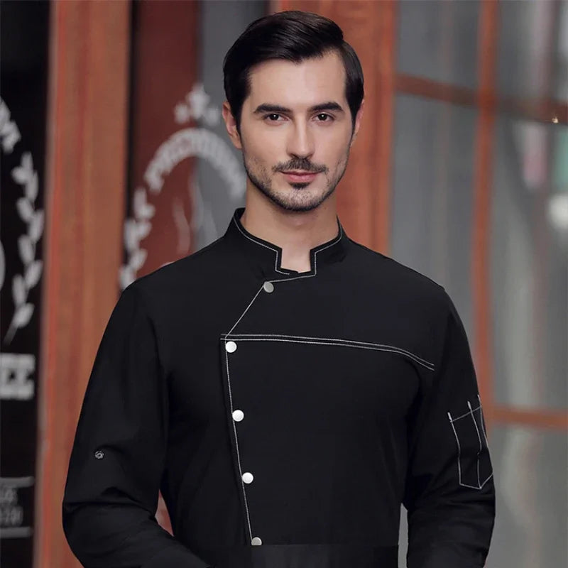 Chef Jacket Long Sleeve with Buttons - Classic Black and White Bartender Baker Waiter Uniform