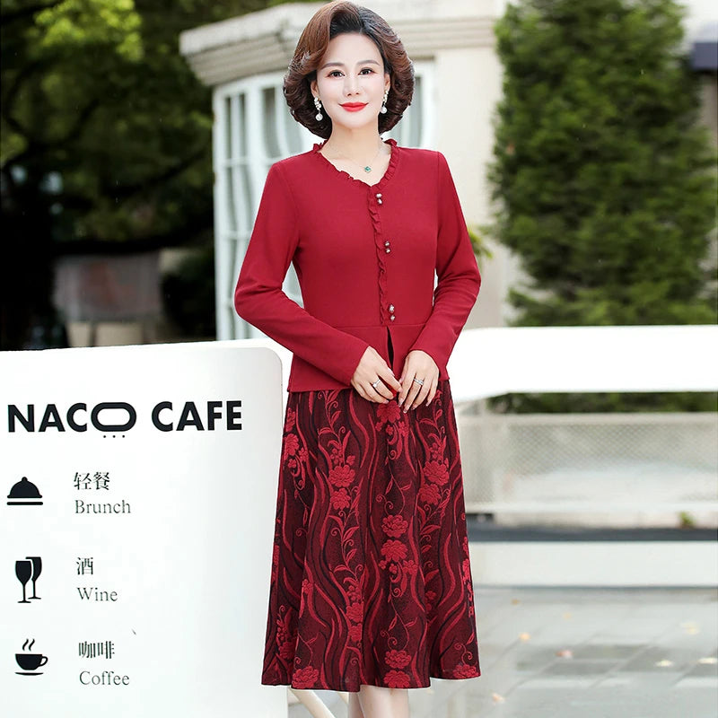 Women's Dress Plus Size Autumn Middle-Aged Mother Long sleeve V-neck selvedge Pleated Elegant office Ladies Vestido