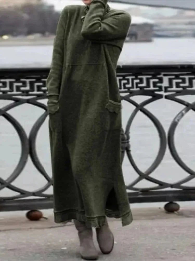 2024 Autumn Winter Plus Velvet Hoodie Dresses For Women Knitted Flower Lace Edge Loose Maxi Dress Casual Long Vestido Female New