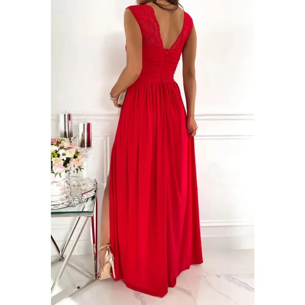 2024 New European and American Sex Pleated Stitching Long Slit Dress Long Skirt Dress White Dress