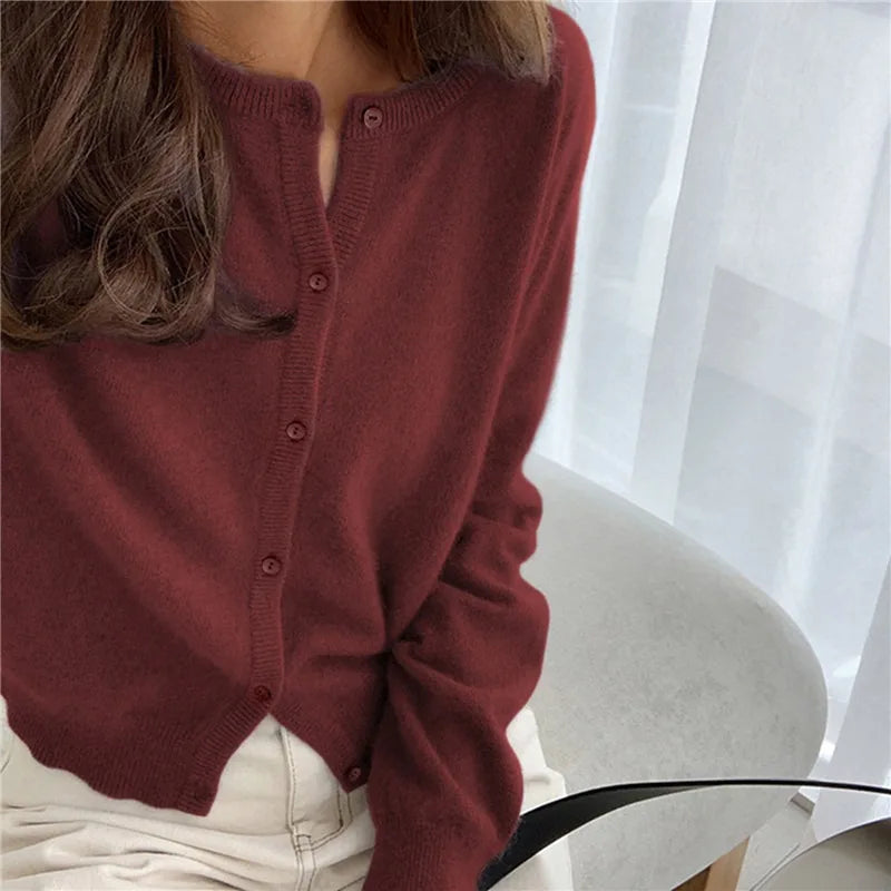 Cashmere Sweater Cardigan Women Single Breasted Long Sleeve Elegant Vintage Jumper Solid Wool Knitted Autumn Winter Outwear