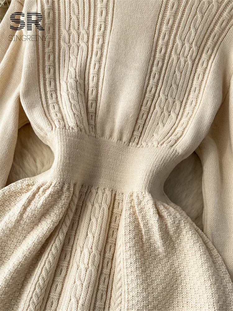SINGREINY Loose Casual Knit Long Dress Women Solid Elastic Waist Lantern Sleeve O Neck Ladies Fashion Winter Sweater Dresses