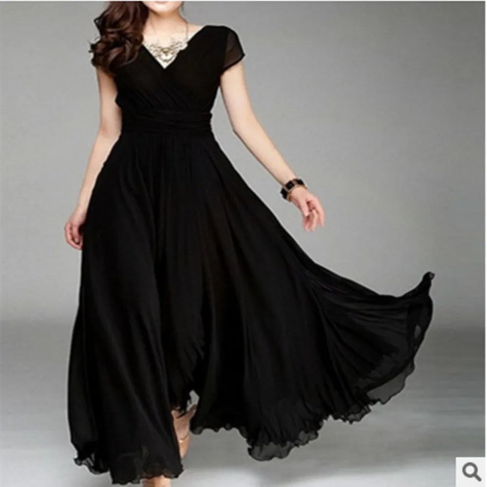 2023 New in Women Elegant Chiffon Long Evening Dress Sexy Deep V-neck Short Sleeve Bridesmaid Dresses Slim Waist Plus Size 5XL