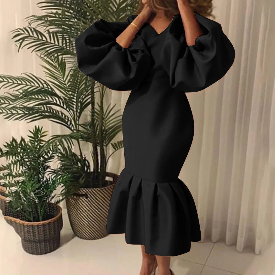 Plus Size Casual Elegant Fashionable Women's Fashion Solid Color V-Neck Bubble Long Sleeved Fishtail Dress Party Evening Dress