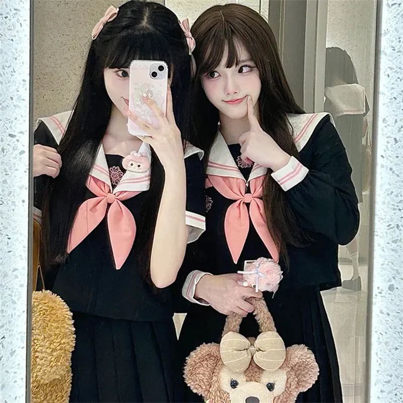 Black White JK Uniform Summer Short/long Sleeve Japanese School Uniforms Girls Sailor Sets Pleated Skirt JK Uniform COS Costume