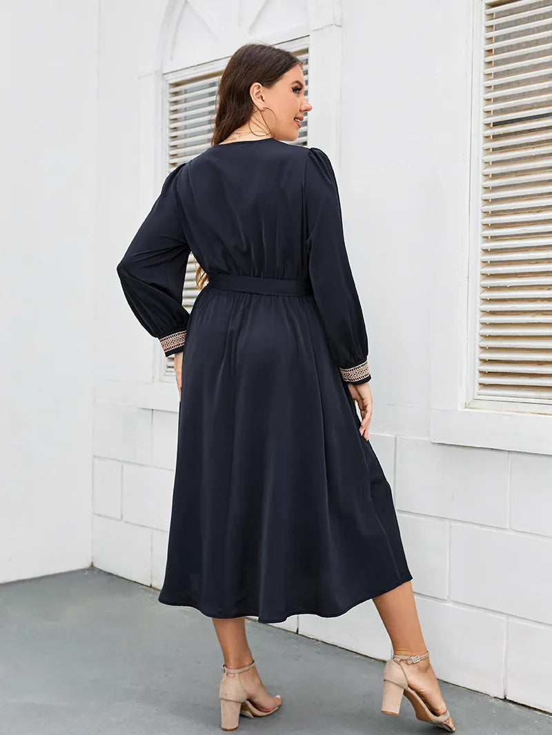 Plus Size Women Dress V Neck Long Sleeves Robe Waist Belt Solid Color Dress Autumn Female Elegant Party Long Gown Clothing