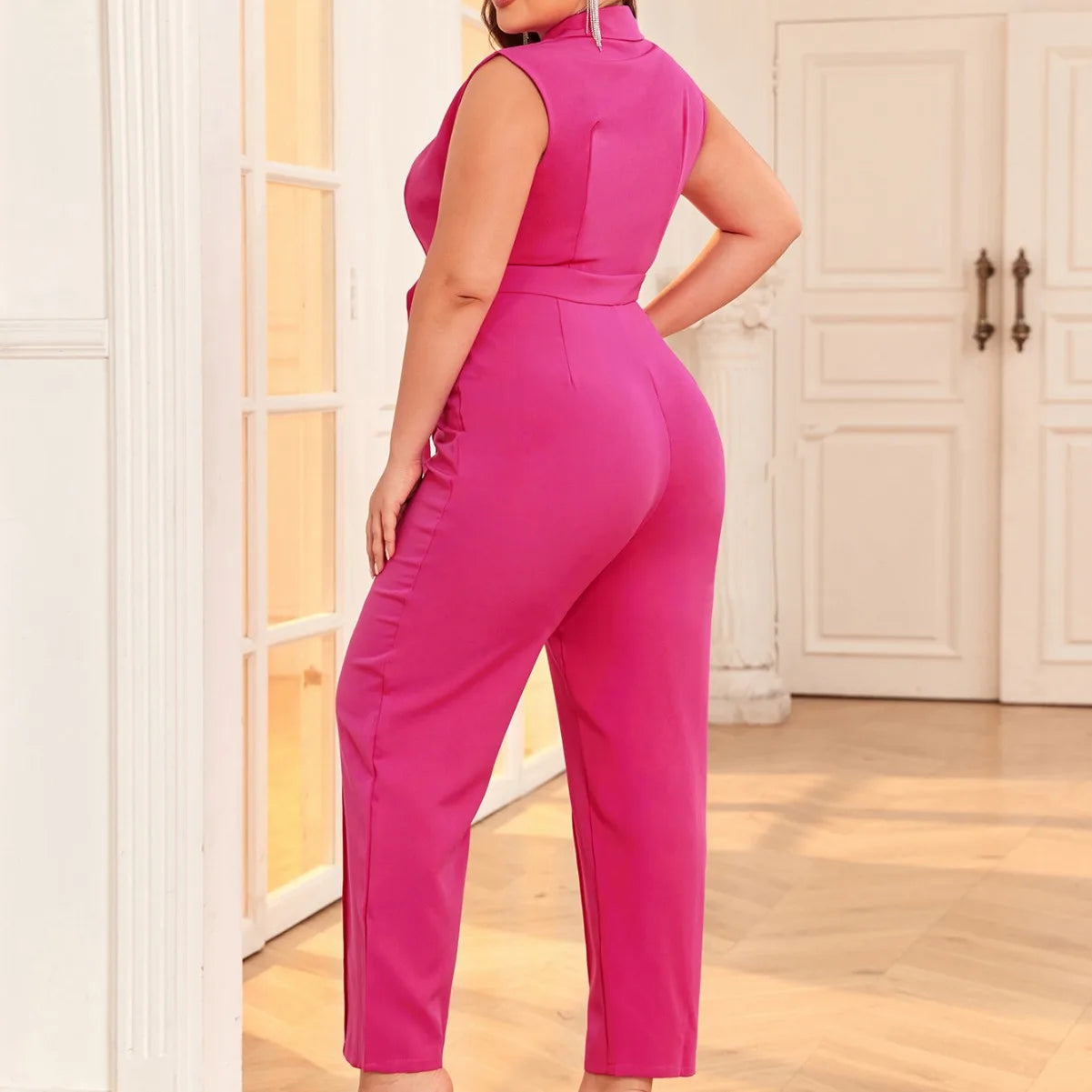 2024 New Plus Size Women Jumpsuits Temperament Elegant Sleeveless Long Jumpsuit Lady Fashion Casual Solid Color Tie Waist Pants