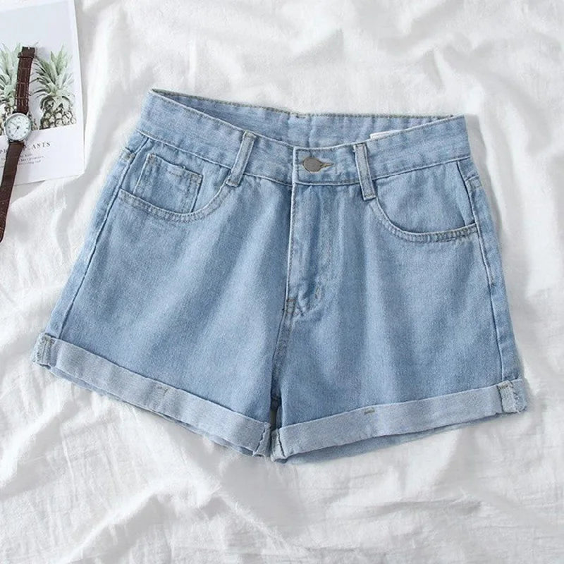 Korean Style Edge Curl Denim Short Pants Women Summer Emipire Waist Loose A-line Short Jeans Fashion All-matched Trend Jean
