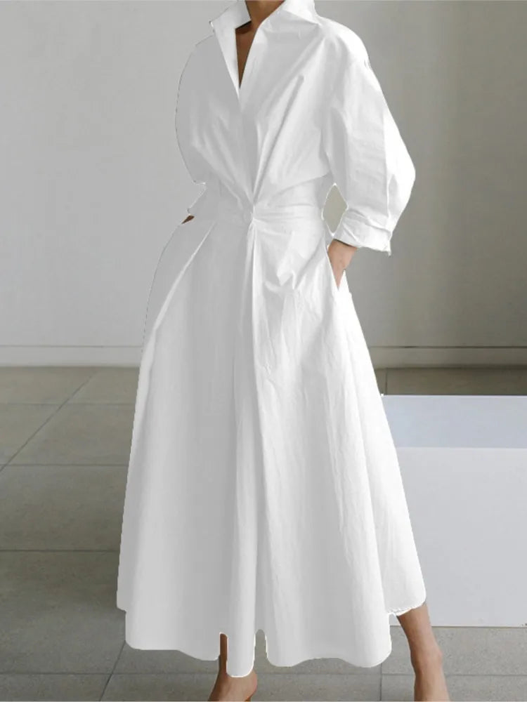 Autumn Dress Long Sleeve Dot Print Elegant Maxi Dresses For Women White Casual V Neck Shirt Party Long Dress Robe Femme