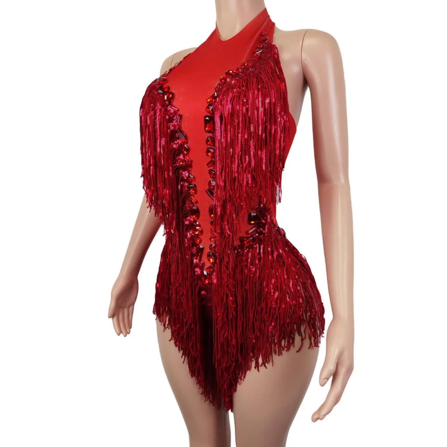Flashing Red Sequins Fringes Rhinestones Transparent Bodysuit Woman Evening Birthday Celebrate Costume Dancer Leotard Shuye
