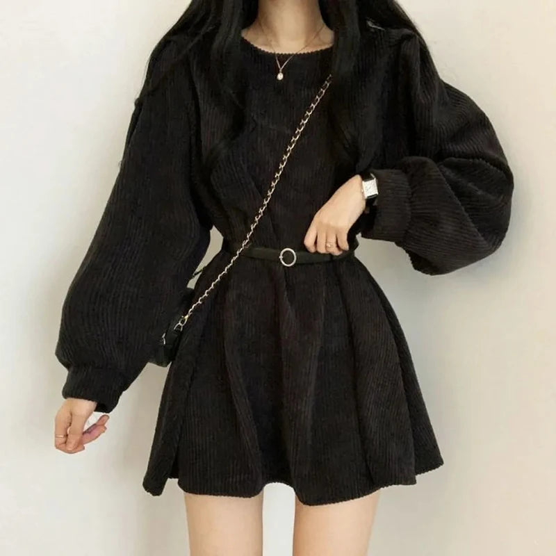 GIDYQ Corduroy Dress Women Vintage Belt Slim Long Sleeve Mini Dresses Fashion Elegant Solid O Neck Chic Streetwear Fall Winter