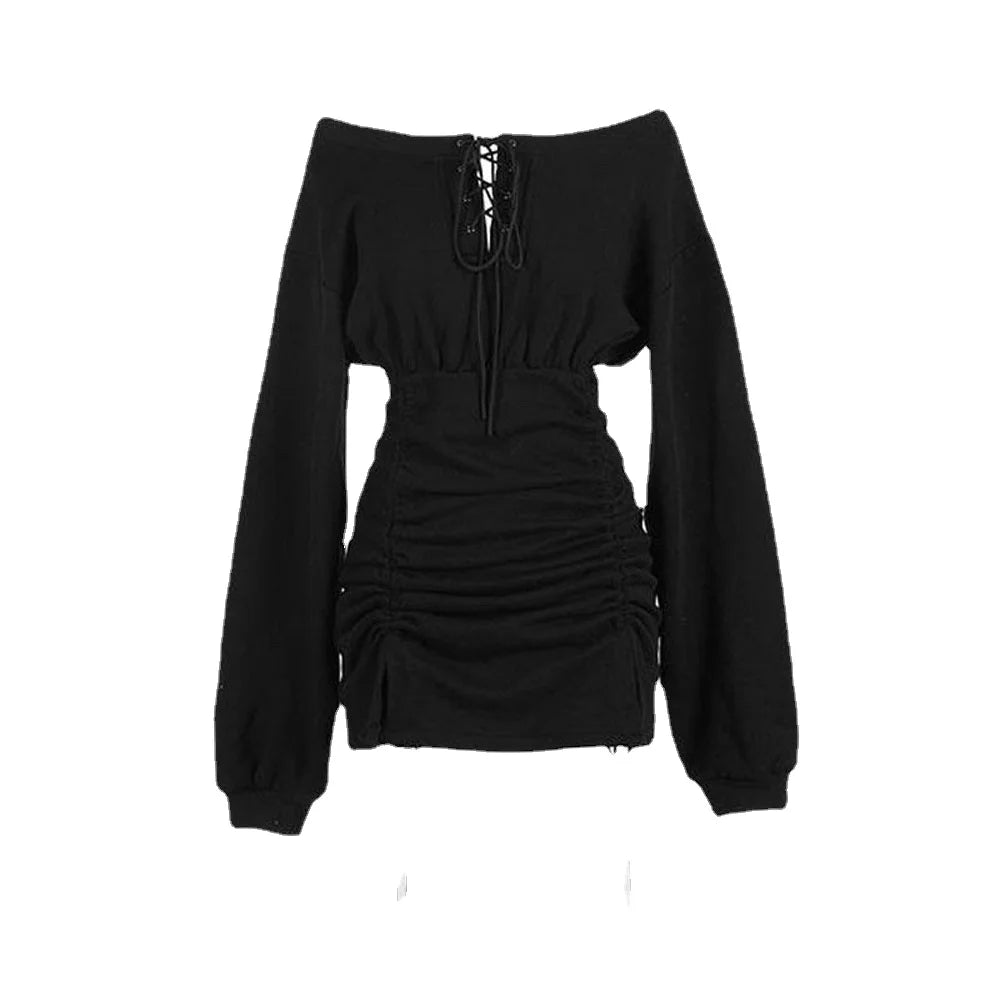 Off Shoulder Long Sleeve Pleated Sheath Dress Street Style Hot Girl Dress Spring Autumn Sexy Short Party Dresses