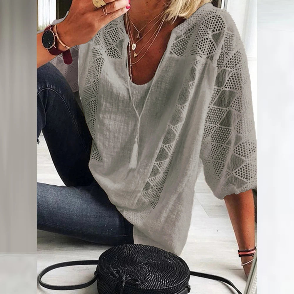 Plus Size Womens 3/4 Sleeve Solid Cotton Lined Tops Ladies Casual Loose Autumn Tunic T Shirt High Quality Clothing L-5XL 2023
