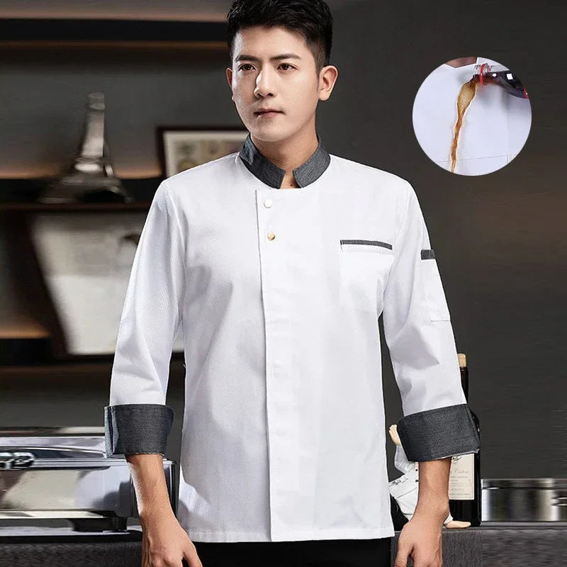 Long Sleeve Chef's Costume Hotel Kitchen Cook Jacket Restaurant Men's Cooking Uniform Bakery White Shirt Bar Waiter Workwear