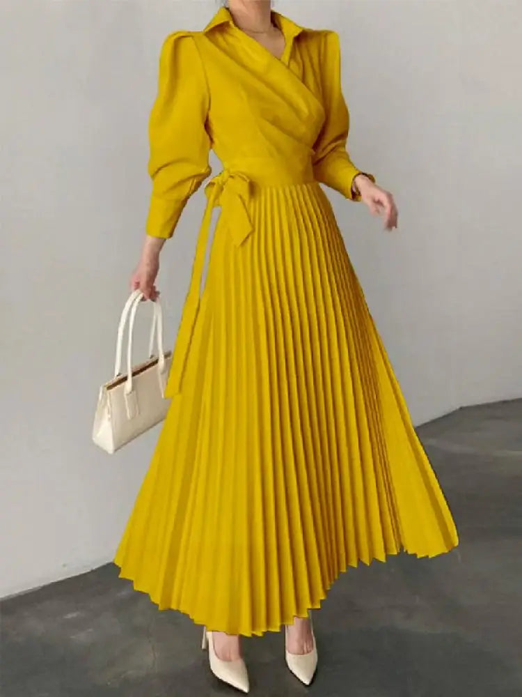 Onecozyday Women Midi Dress 2023 Autumn New Laple Collar Puff Sleeves High Waisted Pleated Dresses Elegant Evening Party Dress