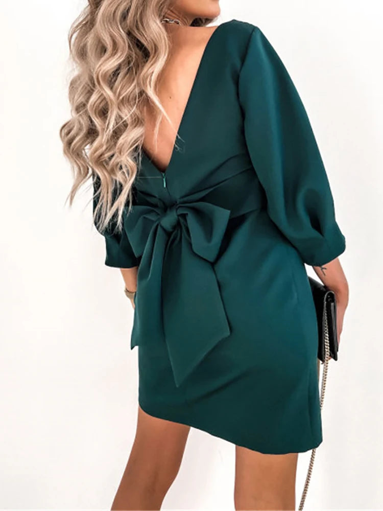 Women Solid O-Neck Princess Party Dress Spring Autumn Sexy Three Quarter Sleeve Ladies Bow Backless Streetwear Dropshipping