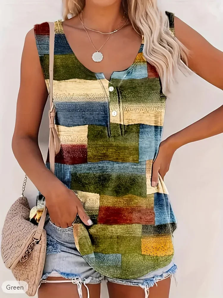 Plus Size Geometric Print Sleeveless Tank Tops & Camis with Button Detail Polyester Crew Neck Vest for Women Casual Knit Fabri