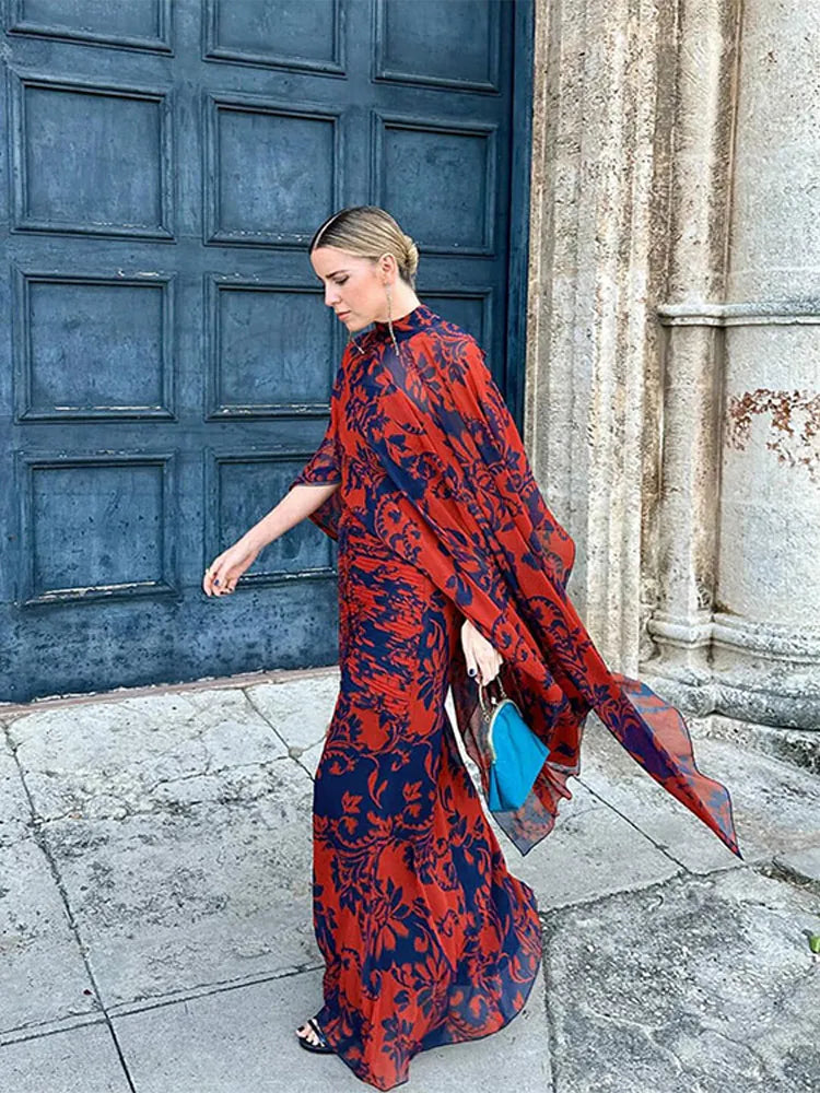 Elegant Printed Shawl Pleated Long Dress Women Fashion Round Collar Casual Bodycon Dresses 2024 Spring Chic Lady Street Vestidos
