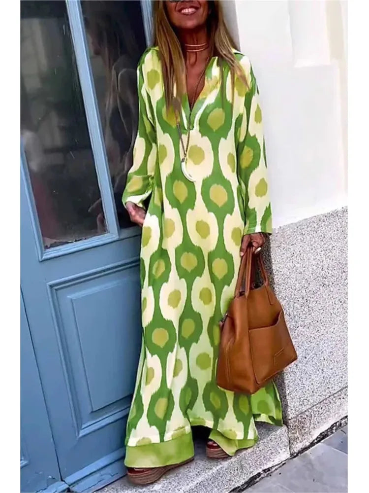 Women Geometric Printing Split Maxi Dress 2024 Autumn Causal V Neck Long Sleeve Dresses Female Holiday Beach Boho Dress Vestidos
