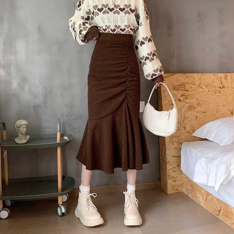 Lucyever Fashion High Waist Midi Skirts for Women 2023 Spring Slim Fit Hip Mermaid Skirt Woman Korean Ruffles Brown Skirts 2XL