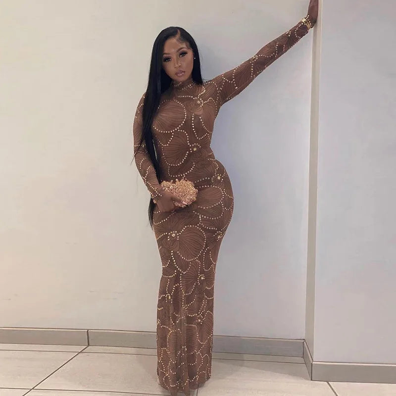 2023 Summer Clothes Women Long Sleeve Party Club Evening Bodycon See Through Long Dress Wholesale Items For Business