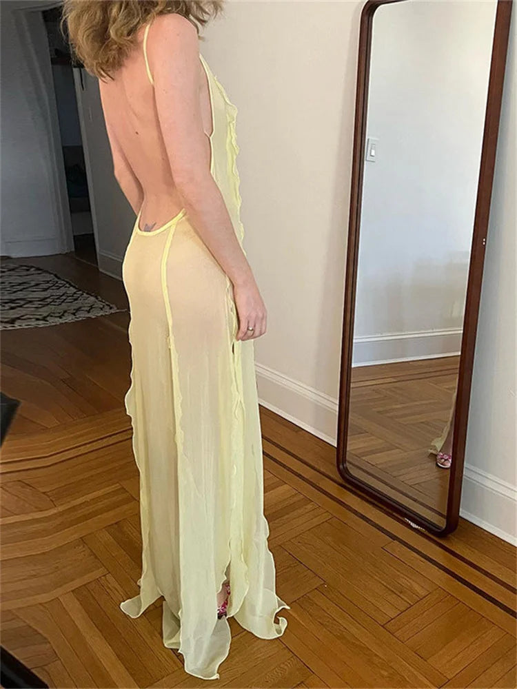 CHRONSTYLE Sexy Mesh See Through Long Dress Fairycore Woman Ruffles Split Dress Y2K Backless Sundress Women Beach Boho Cover-Ups