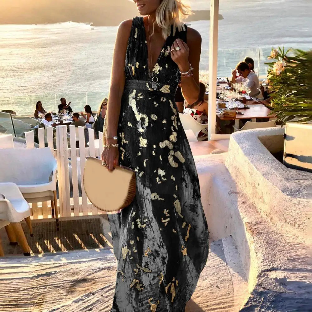 Party Dress Flowy Hem Soft Ankle-Length Elegant Bronzing Applique Casual Vest Gown Dress Beach Dress Female Clothing