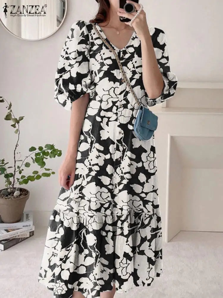 ZANZEA Women Print Robes Longue Oversized Fashion 2024 Summer Puff Sleeve Maxi Vestidos Retro Dress Casual Solid Baggy Sundress