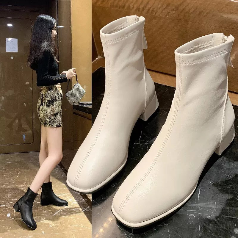 Elastic Socks Boots Fashion Ankle Boots Women High Heel Thicks Heel Square Toe Short Boots Women Retro New Ladies Shoes