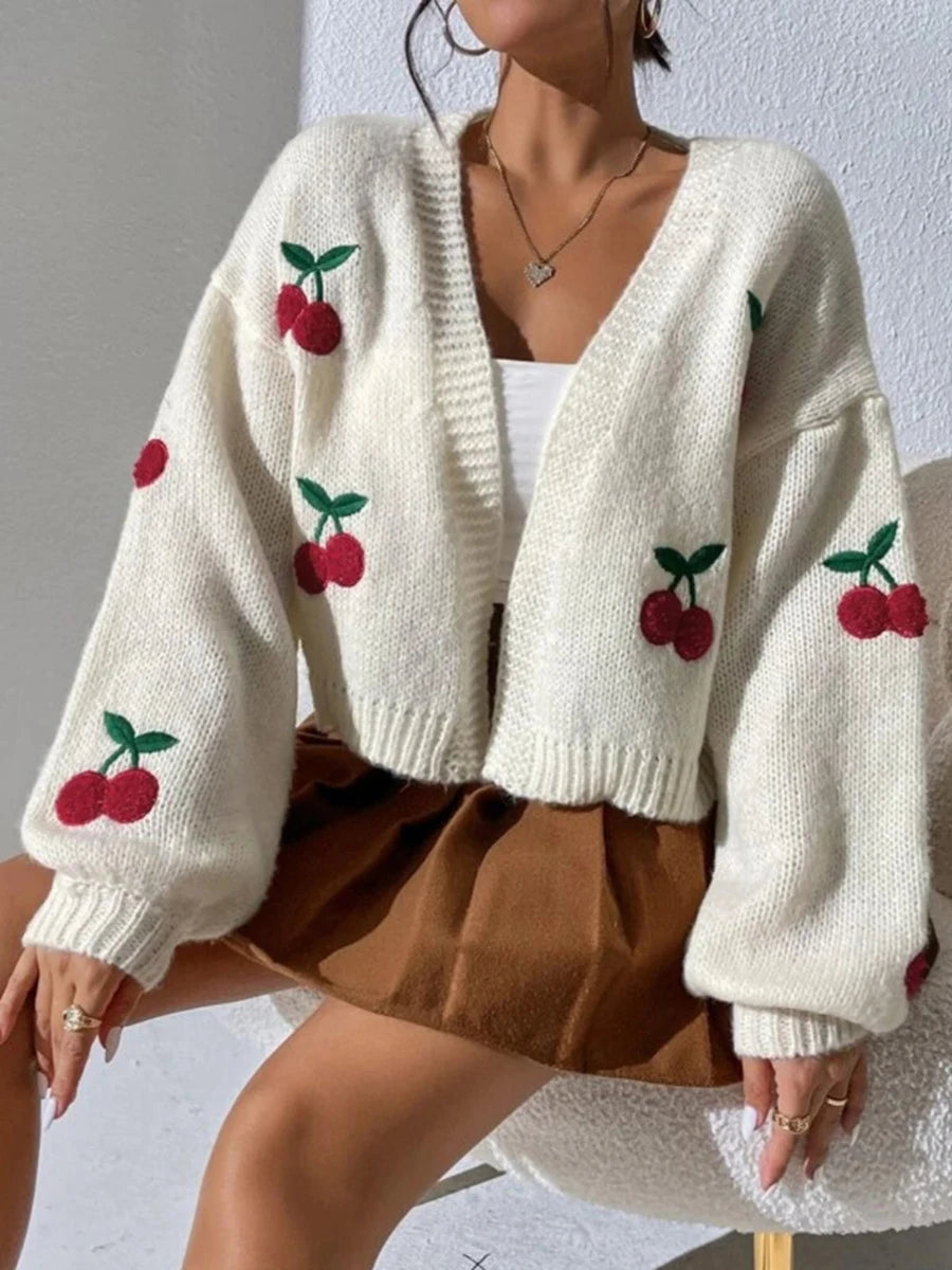 Women acute s Open Front Knit Cardigan Cherry Jacquard Long Sleeve Chic Loose Sweater Fashion Cropped Jacket for Spring Fall