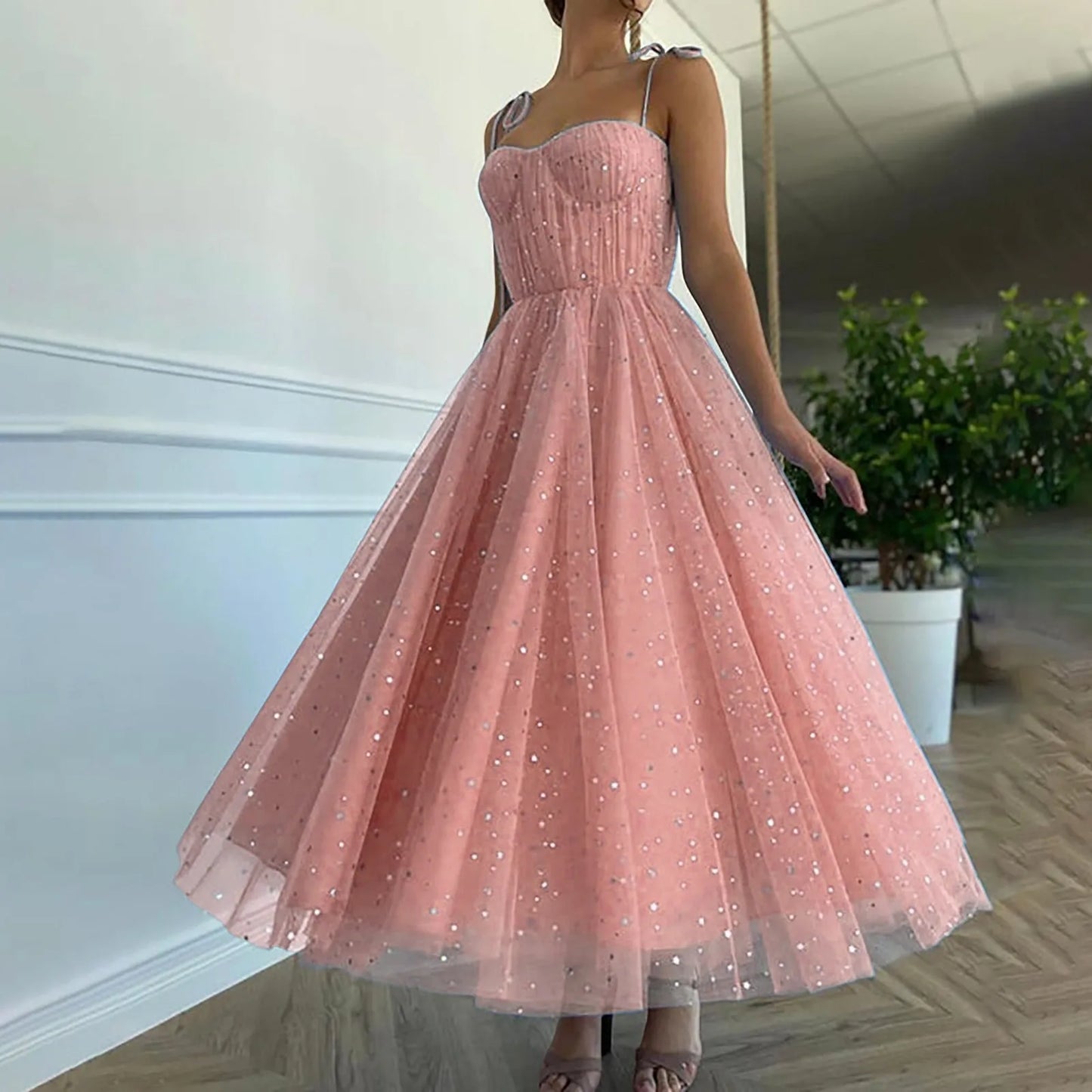 Summer Bling Stars Sequin Dress Women Vintage V Neck Sexy Mesh Dresses Ladies Spaghetti Strap Party Tulle Dress Vestidos Mujer